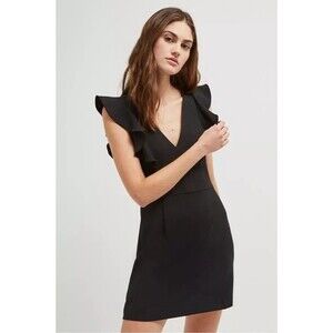 FRENCH CONNECTION Black WHISPER‎ V-Neck RUFFLE Cocktail MINI DRESS -Size US 4